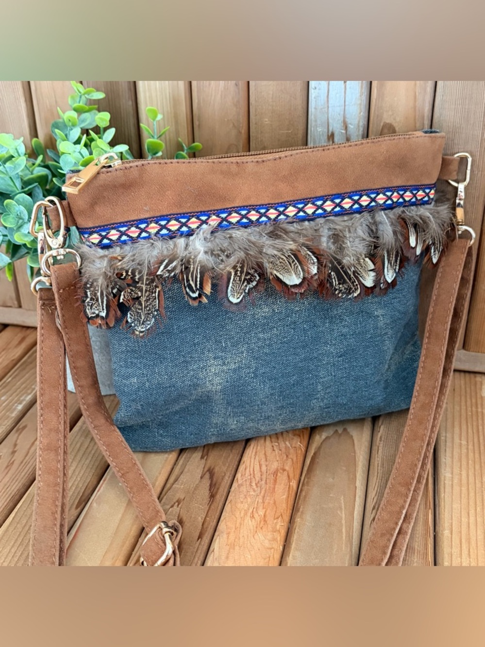 Boho Feather Crossbody Bag Indie Festival Canvas Suede Wristlet Rustic Chic